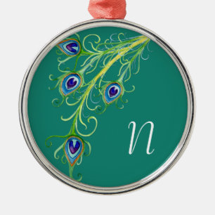 Art Deco Nouveau Peacock Feathers Swirl Silbernes Ornament