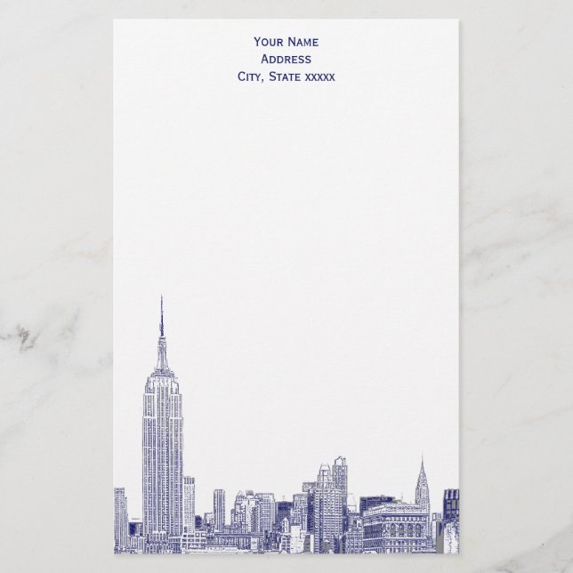 Art Deco NYC Skyline Etched 01 Stationery Blue Briefpapier (Vorderseite)