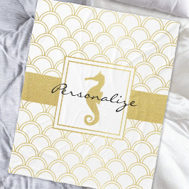 Art Deco Ocean Wave Gold Seepferd Beach House Fleecedecke
