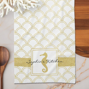 Art Deco Ocean Wave Gold Seepferd Beach House Geschirrtuch