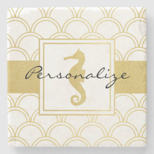 Art Deco Ocean Wave Gold Seepferd Beach House Steinuntersetzer