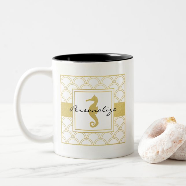 Art Deco Ocean Wave Gold Seepferd Beach House Zweifarbige Tasse (Mit Donut)