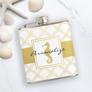 Art Deco Ocean Wave Patten Gold Glitzer Seepferd Flachmann