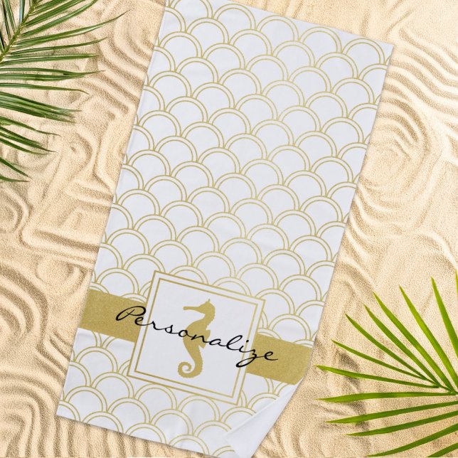 Art Deco Ocean Wave Patten Gold Glitzer Seepferd Strandtuch (Von Creator hochgeladen)