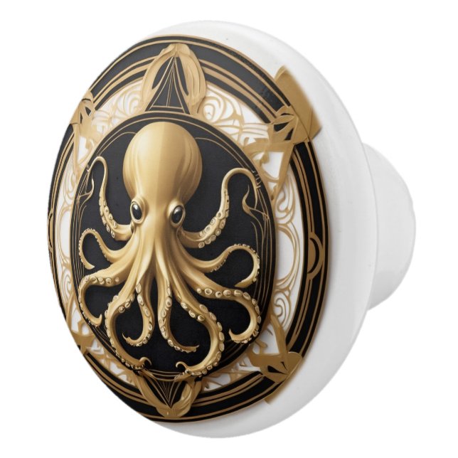 Art Deco Octopus Schwarz-weiß Gold Nautic Keramikknauf (Rechts)