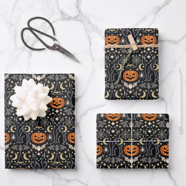 Art Deco Orange Geschnitzte Kürbisse Geschenkpapier Set (Vorderseite)