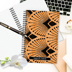 Art Deco Orange Retro Vintages Pfauenmuster Notizbuch
