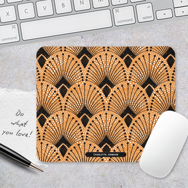 Art Deco Orange Schwarz-weiß Retro Pfauenmuster Mousepad (Art Deco Orange Black White Retro Peacock Pattern Mouse Pad ©Susanne Sachers - Sunny Mind 🌞)