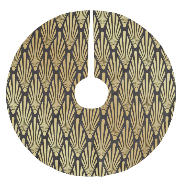 Art Deco Palms: Schwarzes Gold. Polyester Weihnachtsbaumdecke (Vorderseite)