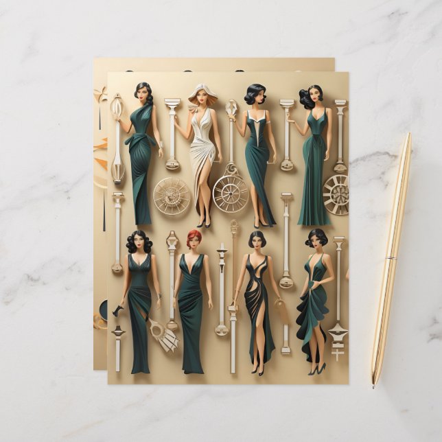 Art Deco Paper Dolls Scrapbook Paper (Vorderseite/Rückseite Beispiel)