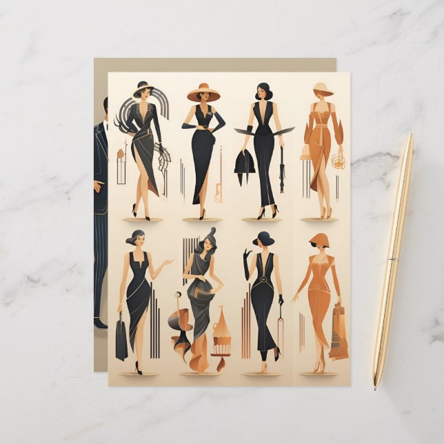 Art Deco Paper Dolls Scrapbook Paper (Vorderseite/Rückseite Beispiel)