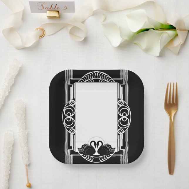 Art Deco Pariser Schwarz-Weiß-Schwäne Pappteller (Hochzeit)