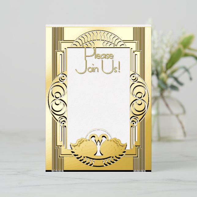 Art Deco Parisian Vintage Swans Folieneinladung (Stehend vorne)