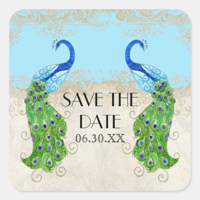 Art Deco Peacock Aqua Save the Date Siegel Quadratischer Aufkleber (Vorderseite)