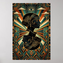 Art Deco Peacock Feather Dancer Gold Teal Poster