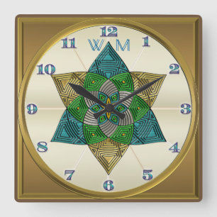 Art Deco Peacock Feather Inspired Mandala Monogram Quadratische Wanduhr