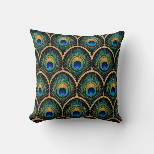 Art Deco Peacock Feather Pattern Throw Pillow Kissen (Vorderseite)