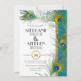 Art Deco Peacock Feathers Gold Glitzer Typografie Einladung