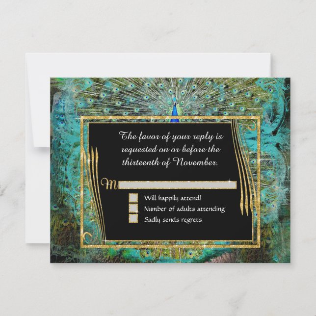 Art Deco Peacock Glam Old Hollywood Regency RSVP Karte (Vorderseite)