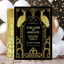Art Deco Peacock Gold & Black Wedding Einladung