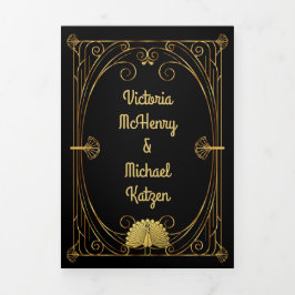 Art Deco Peacock Lion Seepferd Foto Wedding Dreifach Gefaltete Einladung