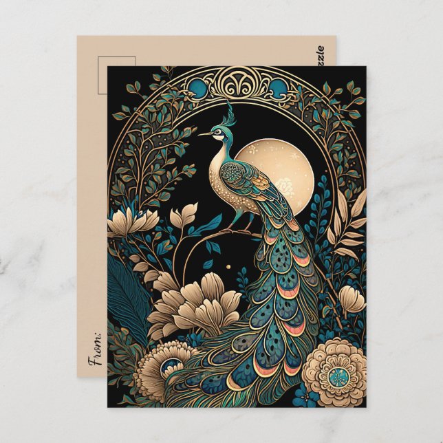 Art Deco Peacock Postkarte (Vorne/Hinten)