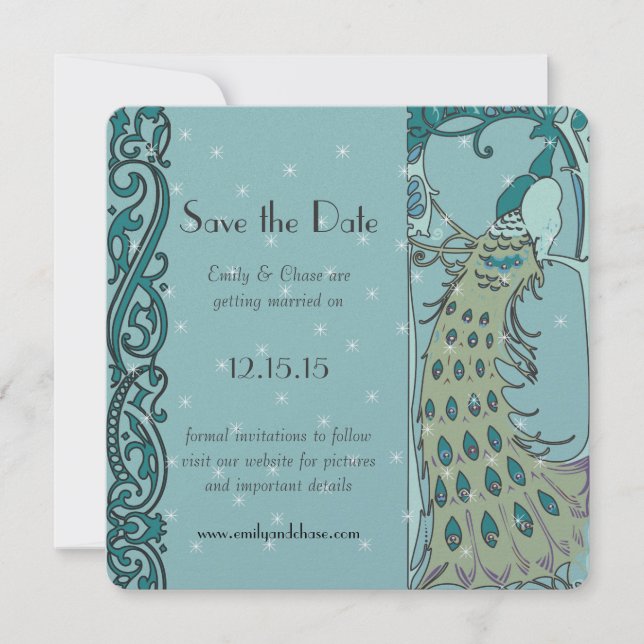 Art Deco Peacock Save the Date Einladungen (Vorderseite)