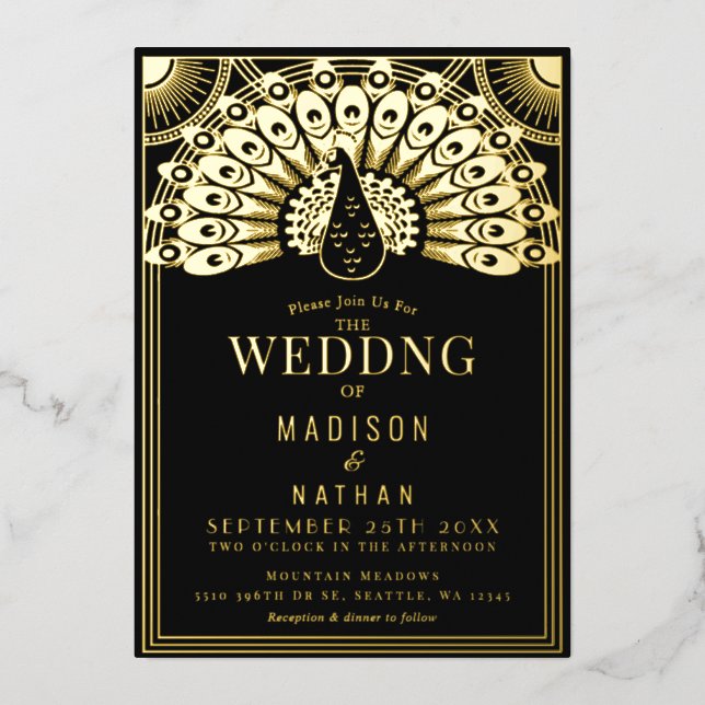 Art Deco Peacock Wedding Foil Einladung (Vorderseite)