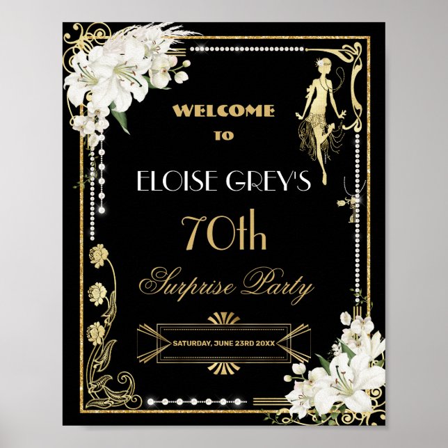 Art Deco Pearls White Blume Gatsby 20s Willkommen Poster (Vorne)