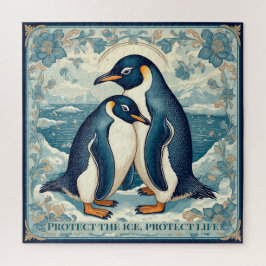 Art Deco Penguin Ice Bird Couple Floral Snow Ocean Puzzle