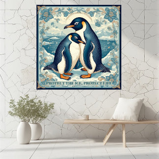 Art Deco Penguin Ice Bird Couple Snow Ocean Floral Fotodruck