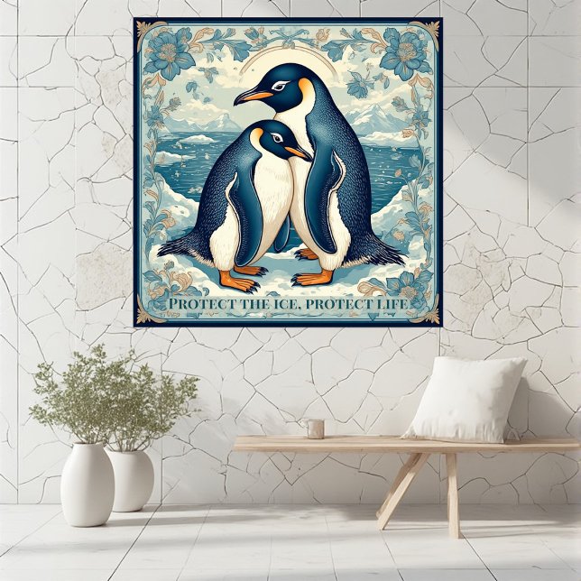 Art Deco Penguin Ice Bird Couple Snow Ocean Floral Fotodruck (Art Deco Penguin Ice Bird Couple Snow Ocean Floral Photo Print)