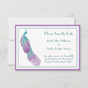 Art Deco Pfau in Lila und Türkis - Datum speichern Save The Date