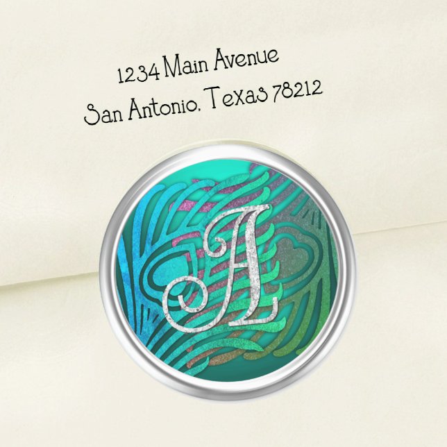 Art Deco Pfau Monogramm 3 Silber Runder Aufkleber (Von Creator hochgeladen)
