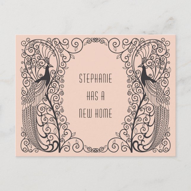 Art Deco Pfau Neue Adressenverschiebung Ankündigungspostkarte (Vorderseite)