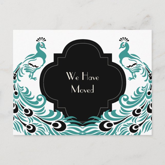 Art Deco Pfau Schwarz und Blau Änderung der Adress Ankündigungspostkarte (Vorderseite)