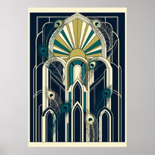 Art Deco Pfauenfedern Marineblau Türkis Poster