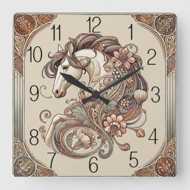 Art Deco Pferd Quadratische Wanduhr (Vorderseite)