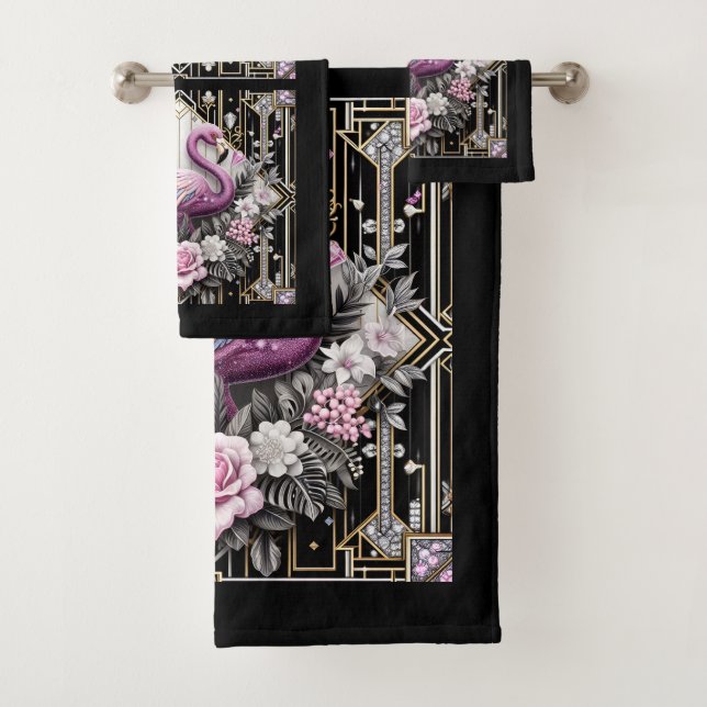 Art Deco Pink and Rainbow Flamingo  Badhandtuch Set (Insitu)