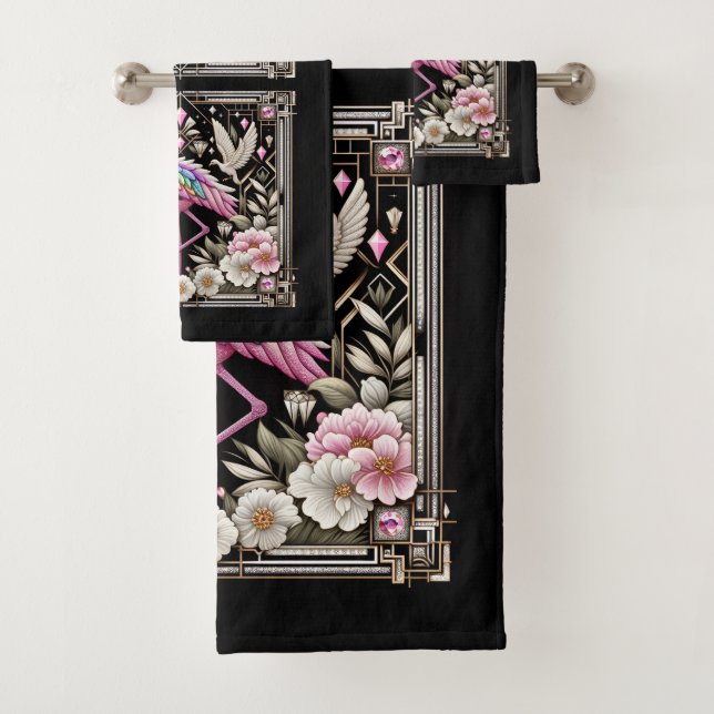 Art Deco Pink and Rainbow Flamingo  Badhandtuch Set (Insitu)