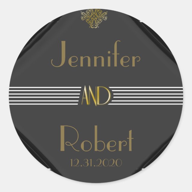 Art Deco Posh Wedding Runder Aufkleber (Vorderseite)