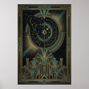 Art Deco Poster Himmelsastrolabium   Gold Türkis