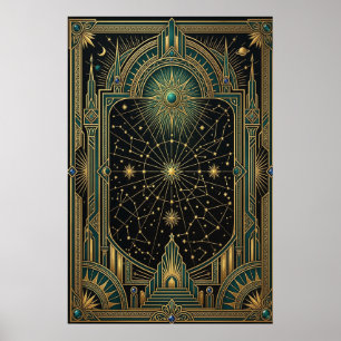 Art Deco Poster Himmelskarte   Gold Türkis