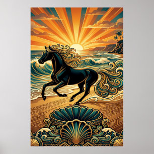 Art Deco Poster Schwarzes Rennpferd Strandwellen S