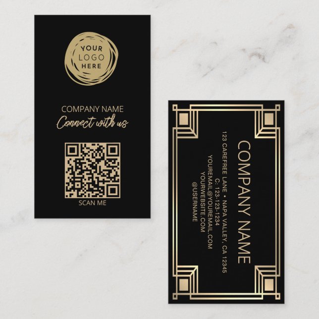 Art Deco QR-Code Firmenlogo Visitenkarte (Vorne/Hinten)
