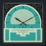 Art Deco Radiola (3 Grüntöne und ein Schwarz) Quadratische Wanduhr<br><div class="desc">Das originale Digitalbild auf dieser coolen Uhr wurde durch ein Art-Déco-Radio-Design der 30er Jahre inspiriert. Mit verschiedenen Schattierungstechniken,  um ein 3-D-Bakelite-Uhr-Set gegen eine schwarze Tapete mit wirbelndem weißen Kreismuster vorzuschlagen,  ist diese Wanduhr sicher,  Kommentare und Lob für Ihren guten Geschmack zu sammeln!</div>