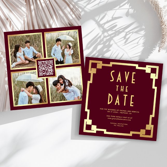 Art Deco Rahmen Burgund Gold QR Code Hochzeit Save The Date (Von Creator hochgeladen)