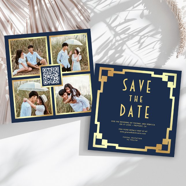 Art Deco Rahmen Navy Blau Gold QR Code Hochzeit Save The Date (Von Creator hochgeladen)