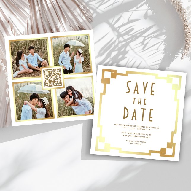 Art Deco Rahmen Weiße Hochzeit QR Code Save The Date (Von Creator hochgeladen)