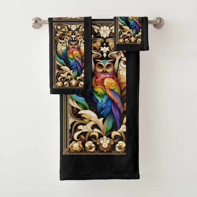 Art Deco Rainbow Owl Badhandtuch Set (Insitu)